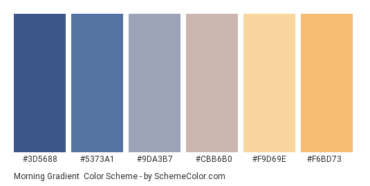 Morning Gradient - Color scheme palette thumbnail - #3D5688 #5373A1 #9DA3B7 #CBB6B0 #F9D69E #F6BD73 