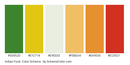 Indian Food - Color scheme palette thumbnail - #3D852D #E1C714 #E9EEE0 #F0BE64 #E69030 #D23021 