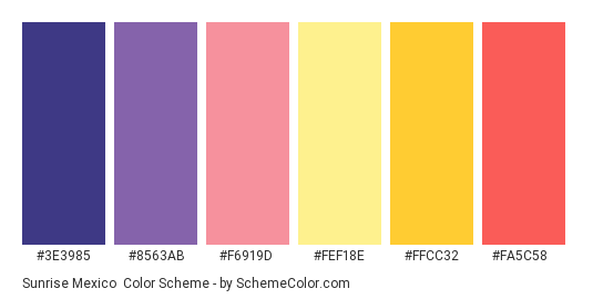 Sunrise Mexico - Color scheme palette thumbnail - #3E3985 #8563AB #F6919D #FEF18E #FFCC32 #FA5C58 