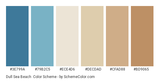 Dull Sea Beach - Color scheme palette thumbnail - #3E799A #79B2C5 #ECE4D6 #DECDAD #CFAD88 #BD9065 
