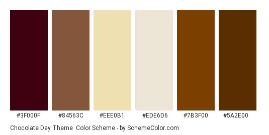 Chocolate Day Theme - Color scheme palette thumbnail - #3F000F #84563C #EEE0B1 #EDE6D6 #7B3F00 #5A2E00 