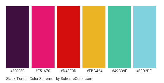 Slack Tones - Color scheme palette thumbnail - #3F0F3F #E51670 #D40E0D #EBB424 #49C39E #80D2DE 