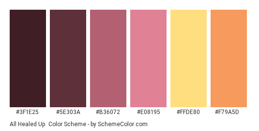 All Healed Up - Color scheme palette thumbnail - #3F1E25 #5E303A #B36072 #E08195 #FFDE80 #F79A5D 