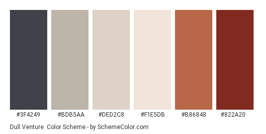 Dull Venture - Color scheme palette thumbnail - #3F4249 #BDB5AA #DED2C8 #F1E5DB #B86848 #822A20 
