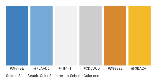 Golden Sand Beach - Color scheme palette thumbnail - #3F7FBE #75AAD6 #F1F1F1 #CDCDCD #D8882E #F3BA2A 