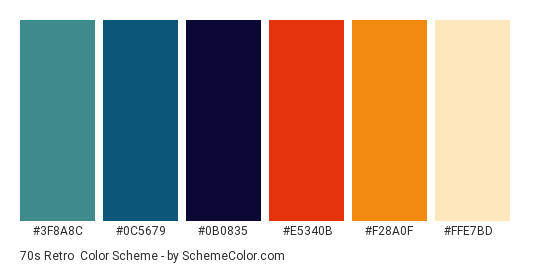 70s Retro - Color scheme palette thumbnail - #3F8A8C #0C5679 #0B0835 #E5340B #F28A0F #FFE7BD 