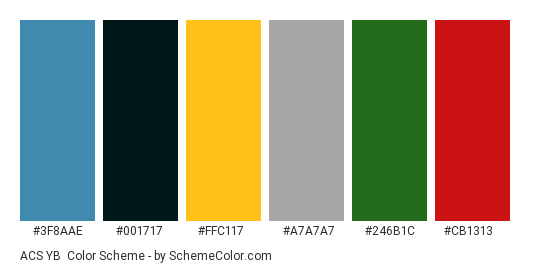 ACS YB - Color scheme palette thumbnail - #3F8AAE #001717 #FFC117 #A7A7A7 #246B1C #CB1313 