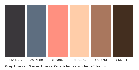 Greg Universe – Steven Universe - Color scheme palette thumbnail - #3a373b #5e6e80 #ff9080 #ffcda9 #a9775e #432e1f 