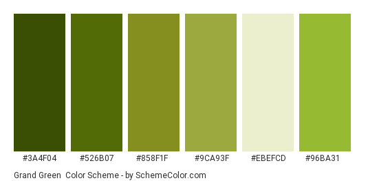 Grand Green - Color scheme palette thumbnail - #3a4f04 #526b07 #858f1f #9ca93f #ebefcd #96ba31 