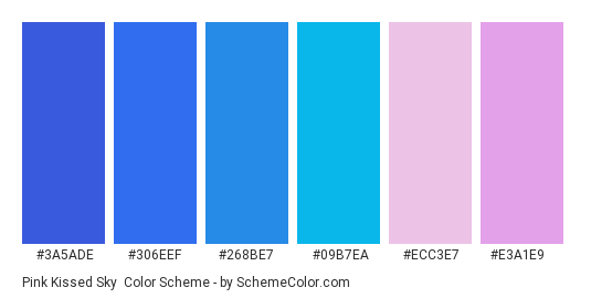Pink Kissed Sky - Color scheme palette thumbnail - #3a5ade #306eef #268be7 #09b7ea #ecc3e7 #e3a1e9 