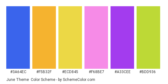 June Theme - Color scheme palette thumbnail - #3a64ec #f5b32f #ecd845 #f68be7 #a33cee #bdd936 