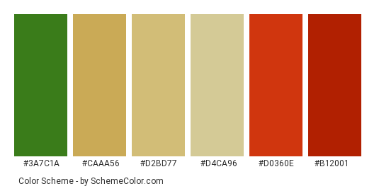 Spaghetti Bowl - Color scheme palette thumbnail - #3a7c1a #caaa56 #d2bd77 #d4ca96 #d0360e #b12001 