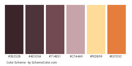 Rocky Canyon - Color scheme palette thumbnail - #3b252b #4d333a #714b51 #c7a4a9 #fedb99 #e57e3c 