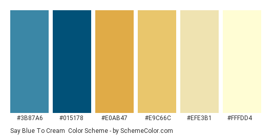 Say Blue to Cream - Color scheme palette thumbnail - #3b87a6 #015178 #e0ab47 #e9c66c #efe3b1 #FFFDD4 
