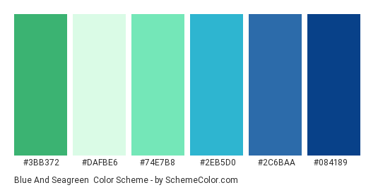 Blue and Seagreen - Color scheme palette thumbnail - #3bB372 #DAFBE6 #74E7B8 #2EB5D0 #2C6BAA #084189 