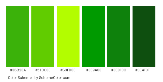 Green Aurora Borealis - Color scheme palette thumbnail - #3bb20a #61cc00 #b3fd00 #009a00 #0e810c #0e4f0f 