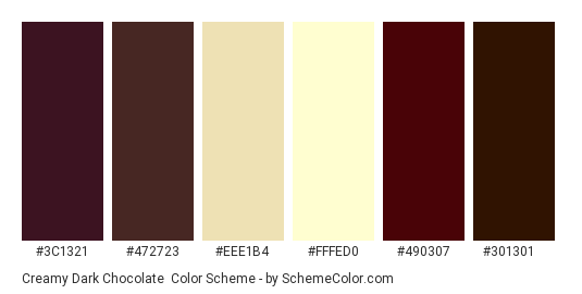 Creamy Dark Chocolate - Color scheme palette thumbnail - #3c1321 #472723 #eee1b4 #fffed0 #490307 #301301 