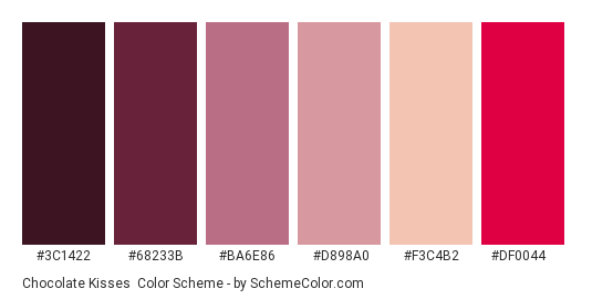 Chocolate Kisses - Color scheme palette thumbnail - #3c1422 #68233b #ba6e86 #d898a0 #f3c4b2 #df0044 