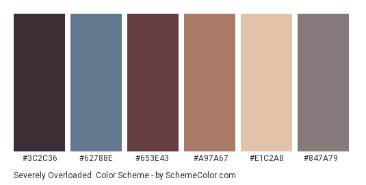 Severely Overloaded - Color scheme palette thumbnail - #3c2c36 #62788e #653e43 #a97a67 #e1c2a8 #847a79 