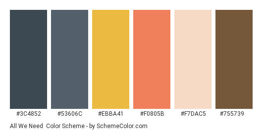 All We Need - Color scheme palette thumbnail - #3c4852 #53606c #ebba41 #f0805b #f7dac5 #755739 