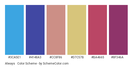 Always & Never - Color scheme palette thumbnail - #3ca5e1 #4148a3 #cc8f86 #d7c57b #ba4665 #8f346a 