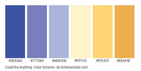 Could Be Anything - Color scheme palette thumbnail - #3d53a0 #777eb9 #abb3db #fff1c5 #ffd475 #ebaf4e 