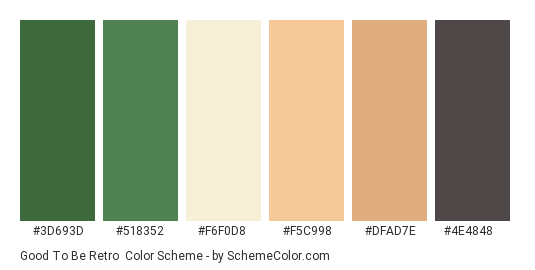 Good to be Retro - Color scheme palette thumbnail - #3d693d #518352 #f6f0d8 #f5c998 #dfad7e #4e4848 