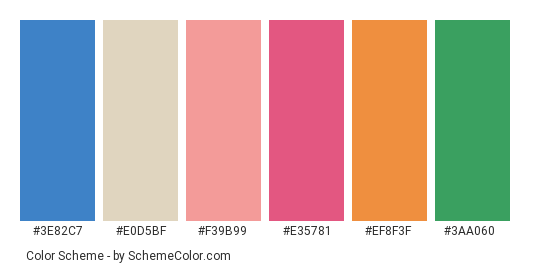 Lollipop Tree - Color scheme palette thumbnail - #3e82c7 #e0d5bf #f39b99 #e35781 #ef8f3f #3aa060 