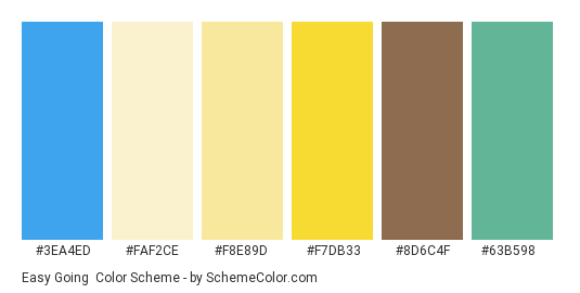 Easy Going - Color scheme palette thumbnail - #3ea4ed #faf2ce #f8e89d #f7db33 #8d6c4f #63b598 