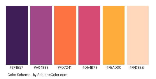Purple Goodbye - Color scheme palette thumbnail - #3f1e57 #a04888 #fd7241 #d64b73 #fead3c #ffd8bb 