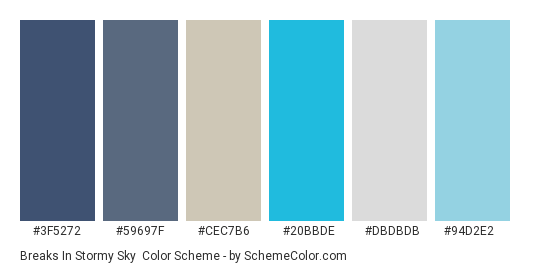 Breaks in Stormy Sky - Color scheme palette thumbnail - #3f5272 #59697f #cec7b6 #20bbde #dbdbdb #94d2e2 