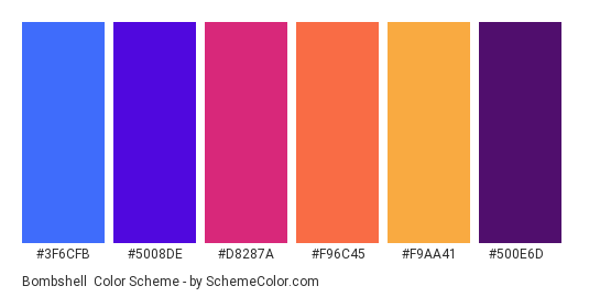 Bombshell - Color scheme palette thumbnail - #3f6cfb #5008de #d8287a #f96c45 #f9aa41 #500e6d 