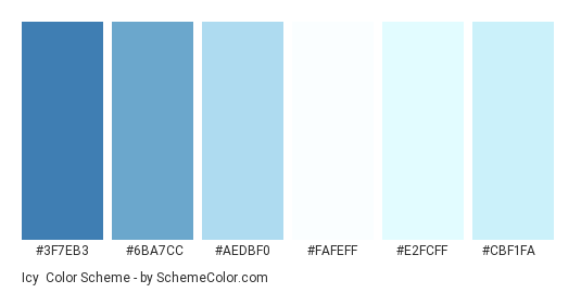 Icy - Color scheme palette thumbnail - #3f7eb3 #6ba7cc #aedbf0 #fafeff #e2fcff #cbf1fa 