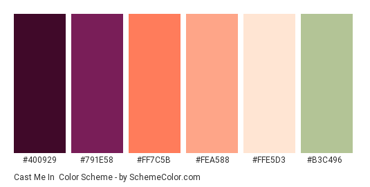 Cast Me In - Color scheme palette thumbnail - #400929 #791e58 #ff7c5b #fea588 #ffe5d3 #b3c496 