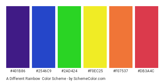 A Different Rainbow - Color scheme palette thumbnail - #401B86 #2546C9 #2AD424 #F0EC25 #F07537 #DB3A4C 
