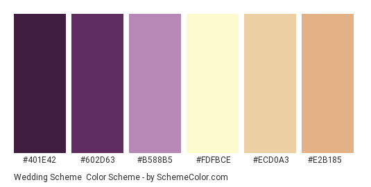 Wedding Scheme - Color scheme palette thumbnail - #401e42 #602d63 #b588b5 #fdfbce #ecd0a3 #e2b185 