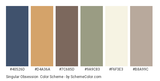 Singular Obsession - Color scheme palette thumbnail - #40526d #d4a36a #7c685d #9a9c83 #f6f3e3 #b8a99c 