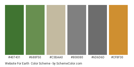 Website for Earth - Color scheme palette thumbnail - #407431 #688f50 #c3baa0 #808080 #6d6d6d #cf8f30 