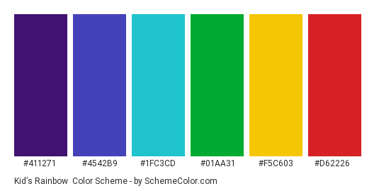 Kid’s Rainbow - Color scheme palette thumbnail - #411271 #4542b9 #1fc3cd #01aa31 #f5c603 #d62226 