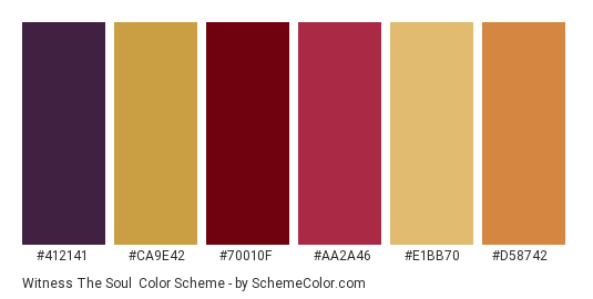 Witness the Soul - Color scheme palette thumbnail - #412141 #ca9e42 #70010f #aa2a46 #e1bb70 #d58742 