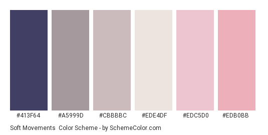 Soft Movements - Color scheme palette thumbnail - #413F64 #A5999D #CBBBBC #EDE4DF #EDC5D0 #EDB0BB 