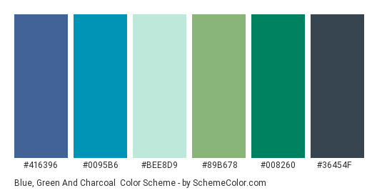 Blue, Green and Charcoal - Color scheme palette thumbnail - #416396 #0095B6 #BEE8D9 #89B678 #008260 #36454F 