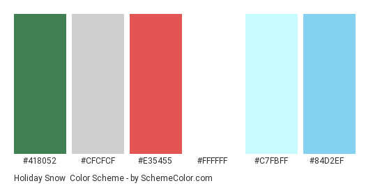 Holiday Snow - Color scheme palette thumbnail - #418052 #cfcfcf #e35455 #ffffff #c7fbff #84d2ef 