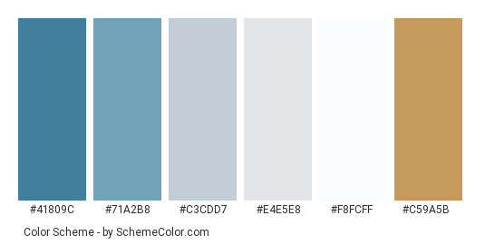 Frost of Winter - Color scheme palette thumbnail - #41809c #71a2b8 #c3cdd7 #e4e5e8 #f8fcff #c59a5b 