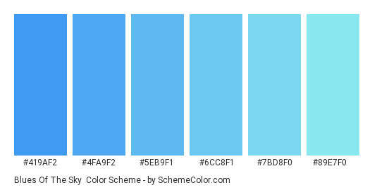 Blues of the Sky - Color scheme palette thumbnail - #419AF2 #4FA9F2 #5EB9F1 #6CC8F1 #7BD8F0 #89E7F0 