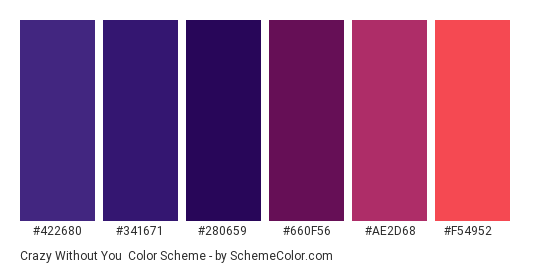Crazy Without You - Color scheme palette thumbnail - #422680 #341671 #280659 #660f56 #ae2d68 #f54952 