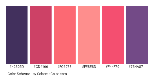 Purple-Red Sunset - Color scheme palette thumbnail - #42305d #cd4166 #fc6973 #fe8e8d #f44f70 #734a87 