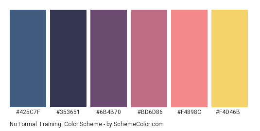 No Formal Training - Color scheme palette thumbnail - #425C7F #353651 #6B4B70 #BD6D86 #F4898C #F4D46B 