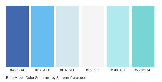 Blue Mask - Color scheme palette thumbnail - #4269AE #67BCF0 #D4E6EE #F5F5F6 #B0EAEE #77D5D4 
