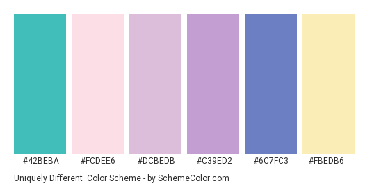 Uniquely Different - Color scheme palette thumbnail - #42beba #fcdee6 #dcbedb #c39ed2 #6c7fc3 #fbedb6 